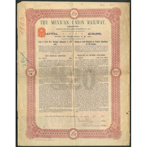 575 - Mexico: Mexican Union Railway Limited. a pair of First Mortgage £20 debentures, 19[10], large format... 