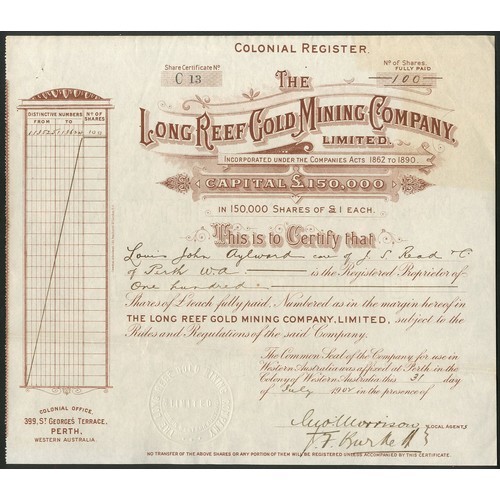 24 - Australia: Long Reef Gold Mining Co. Ltd., £1 shares, 19[02], brown. Registered 1895 to acquire the ... 