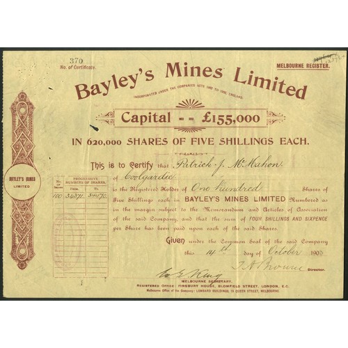 7 - Australia: Bayley's Mines Ltd., 5/- shares, 190[3], brown on yellow paper. Registered 6th August 190... 