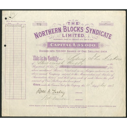 29 - Australia: Northern Blocks Syndicate Ltd., 1/- shares, 190[3], #772, purple. Registered 30th April 1... 