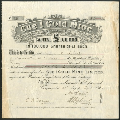 15 - Australia: Cue 1 Gold Mine Ltd., £1 shares, 189[7], black. Registered 27th November 1895 to acquire ... 