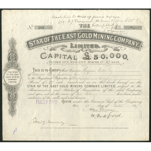 36 - Australia: Star of the East Gold Mining Co. Ltd., 2/- shares, 19[07], #282, black. Registered 18th J... 