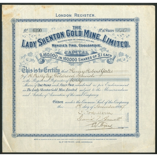 23 - Australia: Lady Shenton Gold Mine Ltd., £1 shares, 189[9], #6190, decorative border, blue. Registere... 