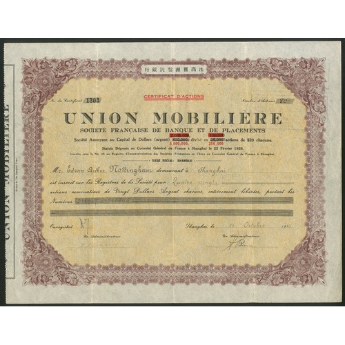 116 - China: Union Mobilière, Société Française de Banque et de Placements,
certificate for 20 dollar shar... 