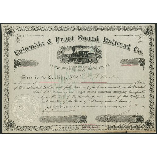 629 - U.S.A.: Columbia & Puget Sound Railroad Co., $100 shares, 18[96], #41, steam train in centre, bl... 