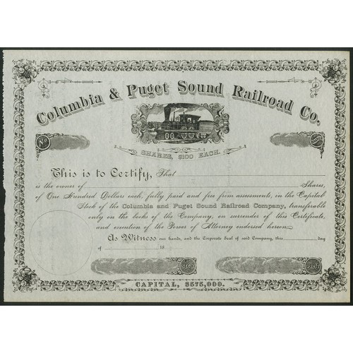 629 - U.S.A.: Columbia & Puget Sound Railroad Co., $100 shares, 18[96], #41, steam train in centre, bl... 