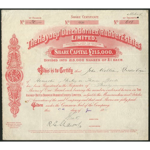 137 - Netherlands Indies: Hayoep (Dutch Borneo) Rubber Estates Limited, £1 shares, 19[10], #608, red... 