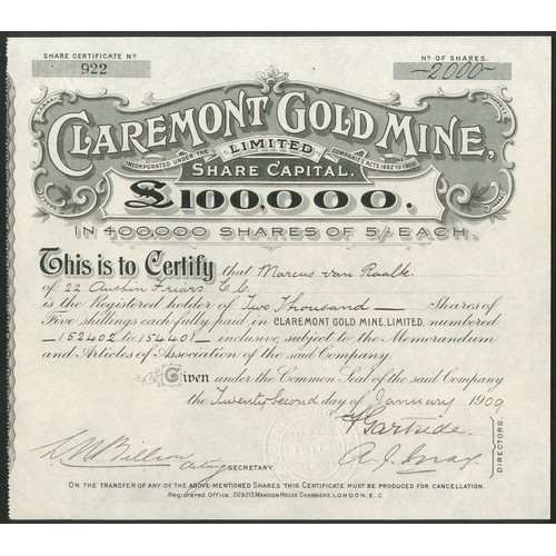 11 - Australia: Claremont Gold Mine Limited, 5/- shares, 19[09], #922, black. Registered 21st August 1906... 