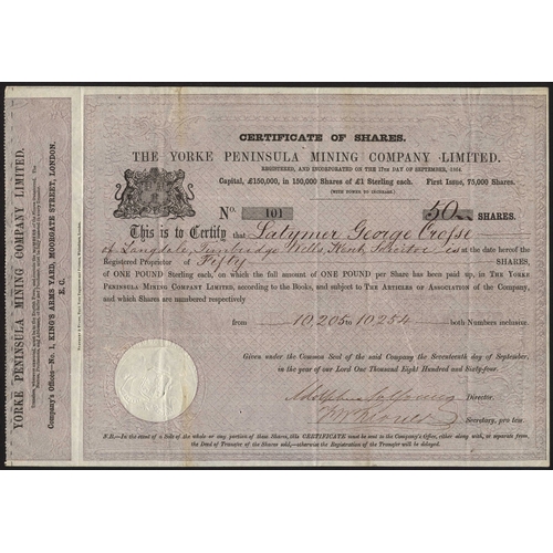 39 - Australia: Yorke Peninsula Mining Company Limited, £1 shares, 1864, first issue, #101, attract... 