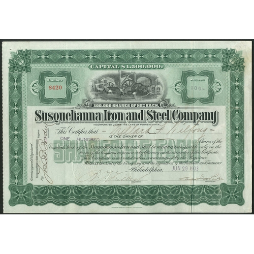 777 - U.S.A.: Susquehanna Iron and Steel Company, $5 shares, [1903], #8420, lovely vignette of rolling mil... 