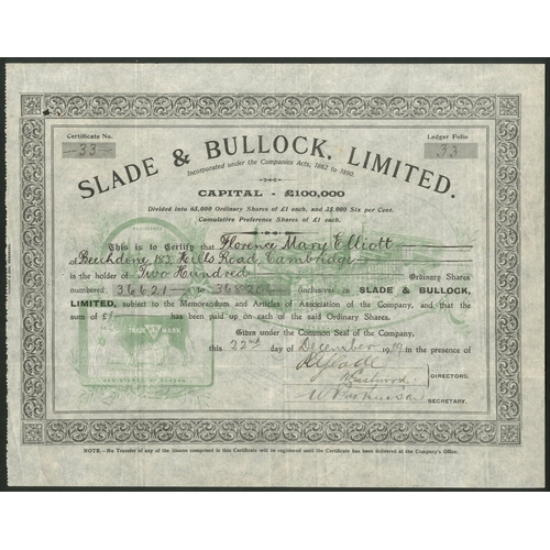 540 - Great Britain: Slade & Bullock Limited, £1 ordinary shares, 19[19], #33, vignette of the f... 