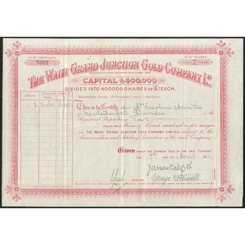 50 - New Zealand: Waihi Grand Junction Gold Company Limited, £1 shares, 19[10], #7667, red. Registered 4t... 