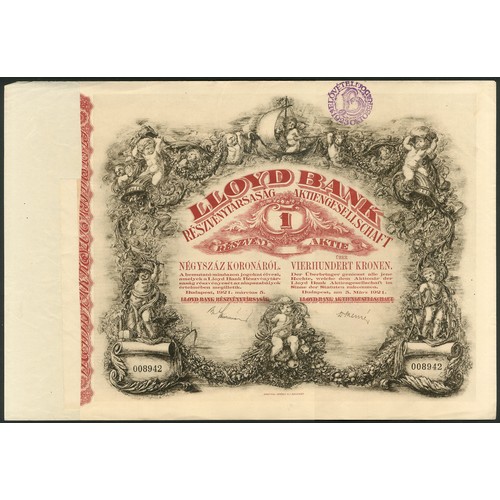 256 - Hungary: Lloyd Bank AG: 1 share 400 kronen, 5-3-1921, #8942, large format, red and black, text in Ma... 