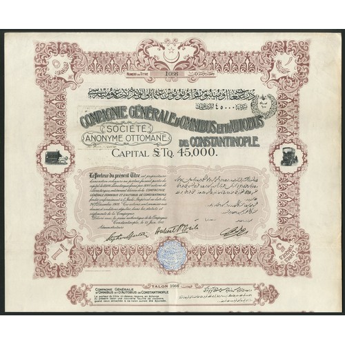 153 - Ottoman Empire: Compagnie Générale d'Omnibus et d'Autobus de Constantinople, 1 share of T£5, 1910, #... 