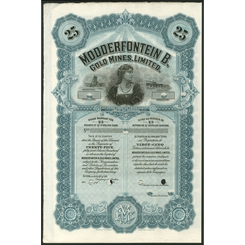 202 - South Africa: Modderfontein B. Gold Mines Limited, an unissued certificate for 25 shares, 19-, circa... 