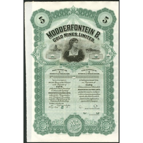 204 - South Africa: Modderfontein B. Gold Mines Limited, an unissued certificate for 25 shares, 19-, circa... 