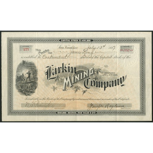 722 - U.S.A.: Larkin Mining Company, $2 shares, 189[7], #277, miners at left, black, yellow underprint. In... 