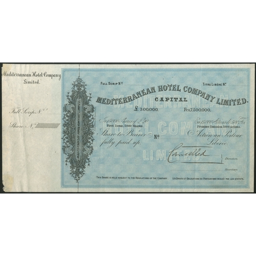 242 - ** France: Mediterranean Hotel Company Limited, £20 share, undated, a specimen certificate from the ... 