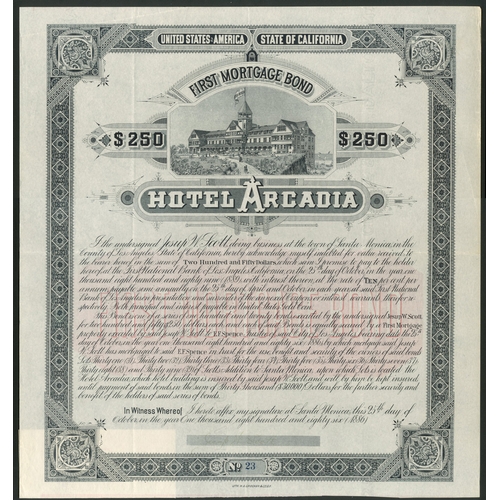 751 - ** U.S.A.: Hotel Arcadia, First mortgage bond, $250, 1886, #23, large format piece with vignette of ... 