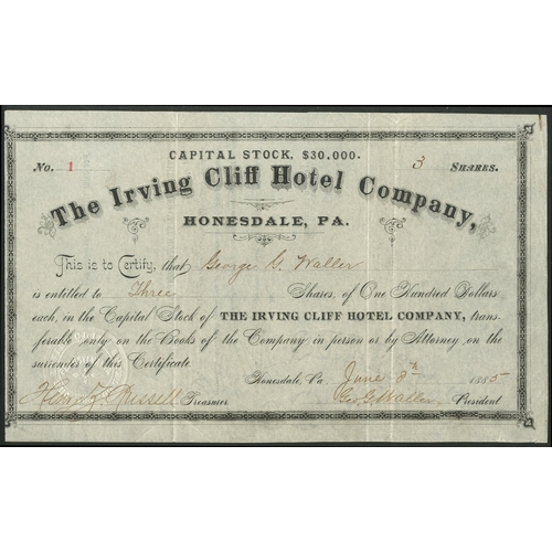 752 - ** U.S.A.: Irving Cliff Hotel Company, $100 shares, 188[5], #1, black. Incorporated in 1884 to build... 