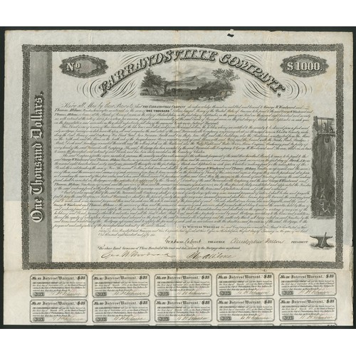 768 - U.S.A.: Farrandsville Company, $1000 bond, 1856, #191, large format piece with steam train at top, d... 