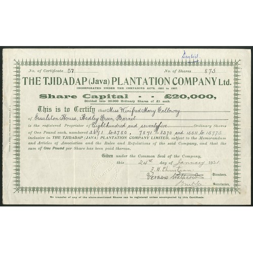 140 - Netherlands Indies: Tjidadap (Java) Plantation Company Limited, £1 shares, 19[21], #57, green. VF an... 