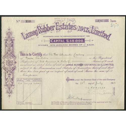 53 - British Borneo: Lamag Rubber Estates (1913) Ltd., 1/- shares, 191[3], #113, mauve. Registered 1913 a... 