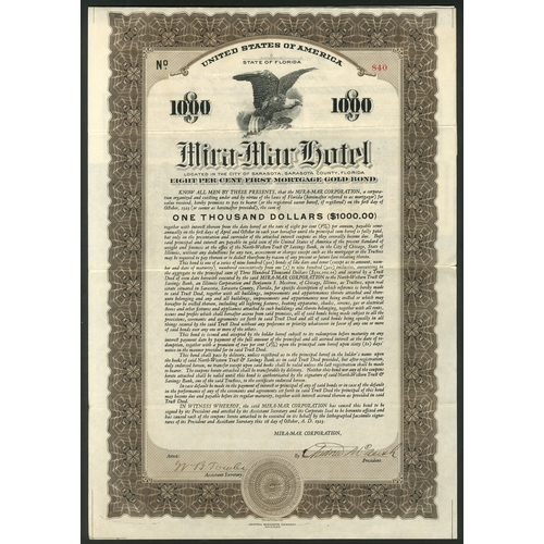 746 - ** U.S.A: A collection of Florida Hotel certificates, comprising Mira-Mar Hotel, $1000 bond, 1923. B... 