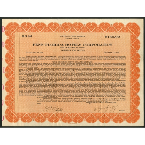 746 - ** U.S.A: A collection of Florida Hotel certificates, comprising Mira-Mar Hotel, $1000 bond, 1923. B... 