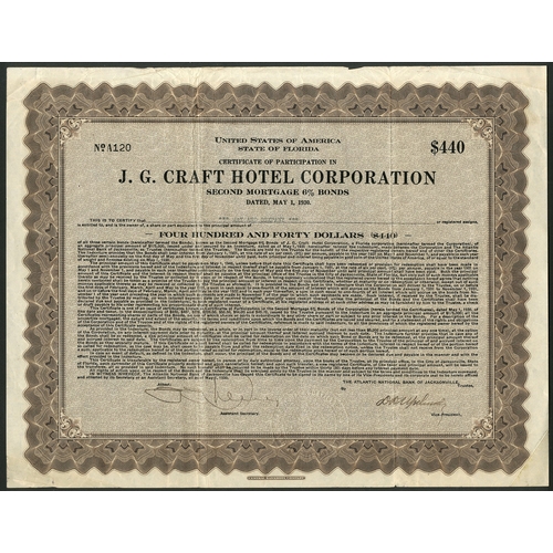 746 - ** U.S.A: A collection of Florida Hotel certificates, comprising Mira-Mar Hotel, $1000 bond, 1923. B... 