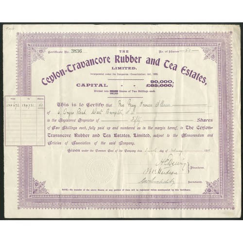 121 - India and Ceylon: Ceylon-Travancore Rubber and Tea Estates Ltd., 2/- shares, 191[1], #3836, mauve, c... 