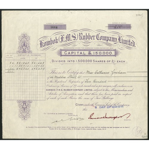 135 - Malaya: Kombok (F.M.S.) Rubber Company Limited, 2/- shares, [1926], #9064, mauve. Registered 23rd Ma... 