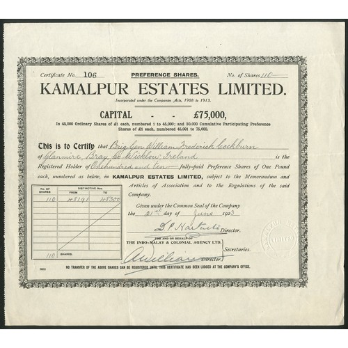 122 - India: Kalampur Estates Limited, £1 preference shares, 192[3], #106, black. Registered 1913 to acqui... 