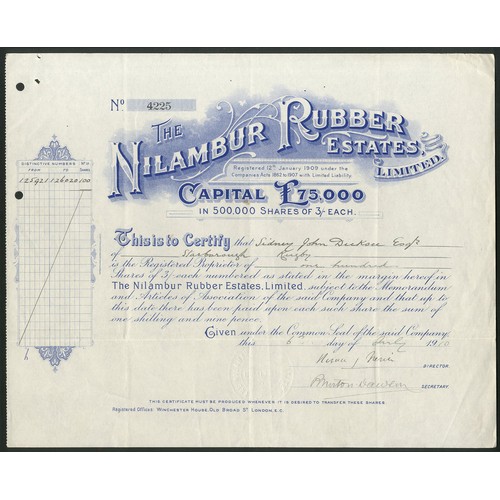 124 - India: Nilambur Rubber Estates Limited, 3/- shares, 19[10], #4225, blue, printed by Waterlow & S... 