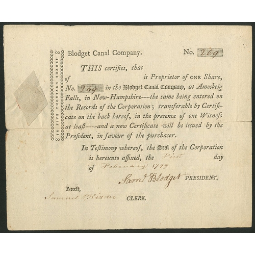 685 - ª U.S.A.: Blodget Canal Company,
New Hampshire, one share, [1799], #269, signed by Samuel Blodget as... 