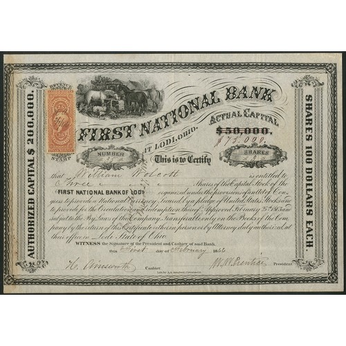 690 - U.S.A.: First National Bank at Lodi, Ohio, $100 shares, 18[66], #35, black. Glue residue at left edg... 