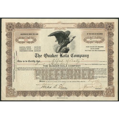 761 - U.S.A.: Quaker Kola Company, Preferred stock, 191[7], #A50, brown. Incorporated in Delaware in 1916.... 