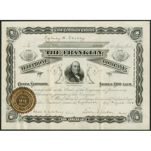 769 - U.S.A.: Franklin Telephone Company, New Jersey, $100 shares, 188[5], #27, Benjamin Franklin in centr... 