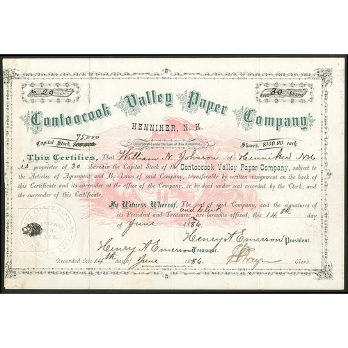 766 - U.S.A.: Contoocook Valley Paper Company, Henniker, New Hampshire, $100 shares, 187[86], #20, vignett... 