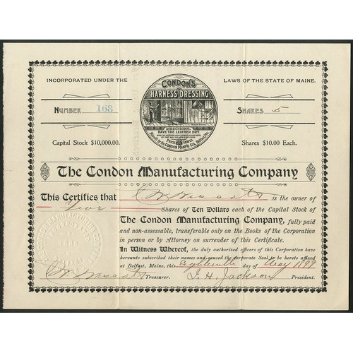 765 - U.S.A.: Condon Manufacturing Company, $10 shares, [1899], #168, attractive vignette, black. Incorpor... 