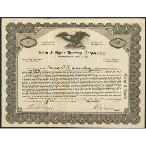 760 - U.S.A.: Bolen & Byrne Beverage Corporation, Class B stock, 19[29], #8, brown. Incorporated in De... 