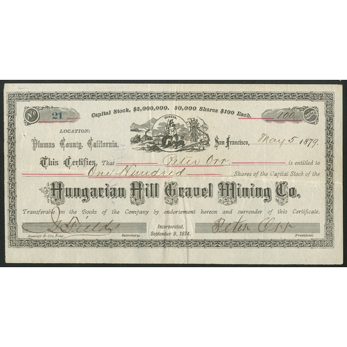 695 - U.S.A: Hungarian Hill Gravel Mining Co., $100 shares, 187[9], #21, small format with decorative blac... 