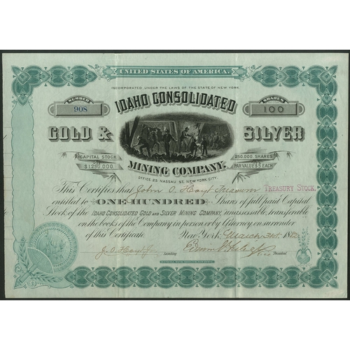 712 - U.S.A.: Idaho Consolidated Gold & Silver Mining Company, 100 shares of $5, 18[82], #908, miners ... 