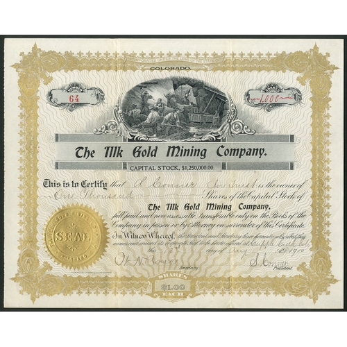 696 - U.S.A: Illk Gold Mining Co., $1 shares, 1[900], #64, miners loading carts at top, ornate border, bla... 