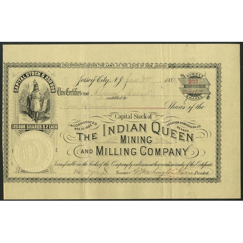 697 - U.S.A: Indian Queen Mining and Milling Co., Nevada, $2 shares, 188[1], #233, Native American woman a... 