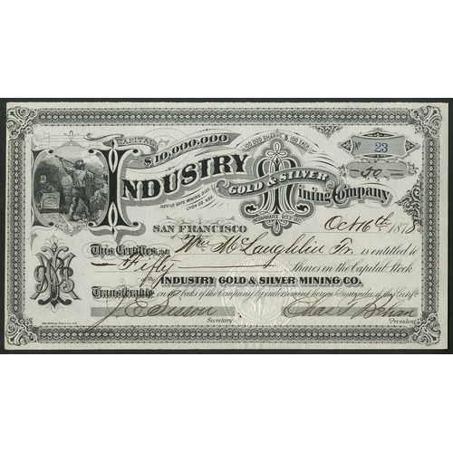 698 - U.S.A.: Industry Gold & Silver Mining Co., $100 shares, 187[8], #23, miner working at left, blac... 