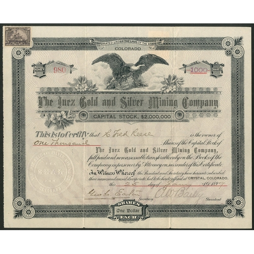 699 - U.S.A.: Inez Gold and Silver Mining Co., $1 shares, 189[9], #980, eagle at top, ornate border, black... 