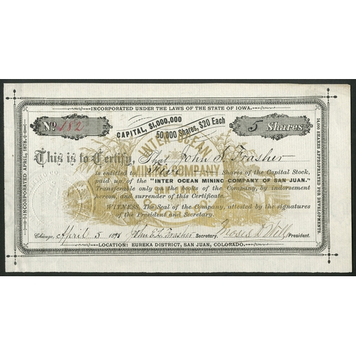 700 - U.S.A: Inter Ocean Mining Co. of San Juan, $20 shares, 187[98], #182, small format piece with produc... 