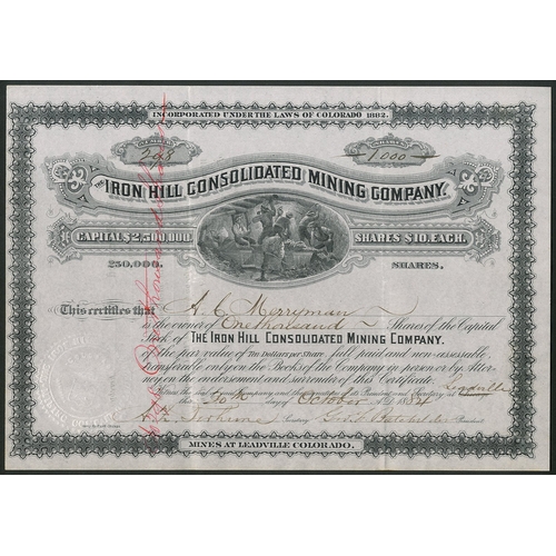 702 - U.S.A: Iron Hill Consolidated Mining Co., $10 shares, 18[84], #298, miners in tunnel below title, de... 