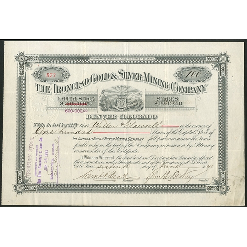 703 - U.S.A: Ironclad Gold & Silver Mining Co., $1 shares, 18[91], #577, state seal below title, ornat... 